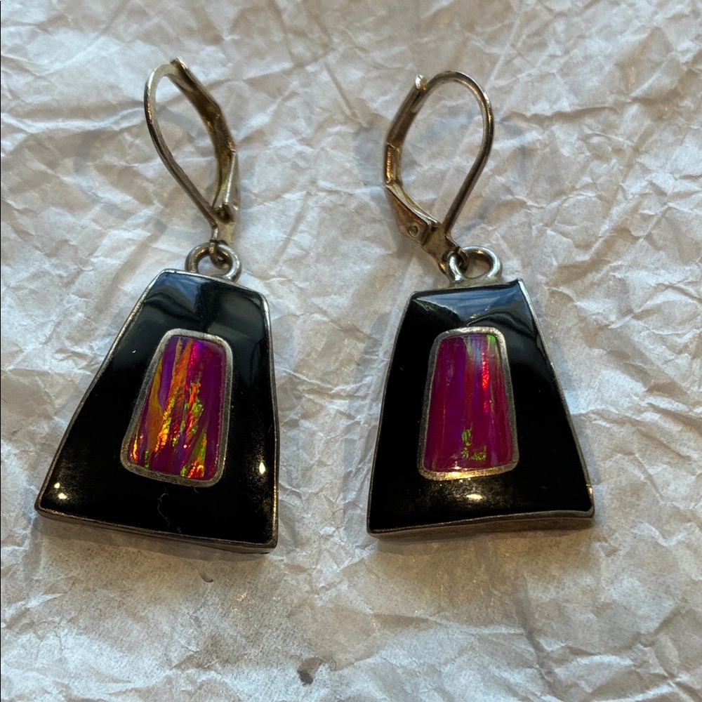 Elegant Onyx Black and Fire Opal Red Taxco Dangle Earrings